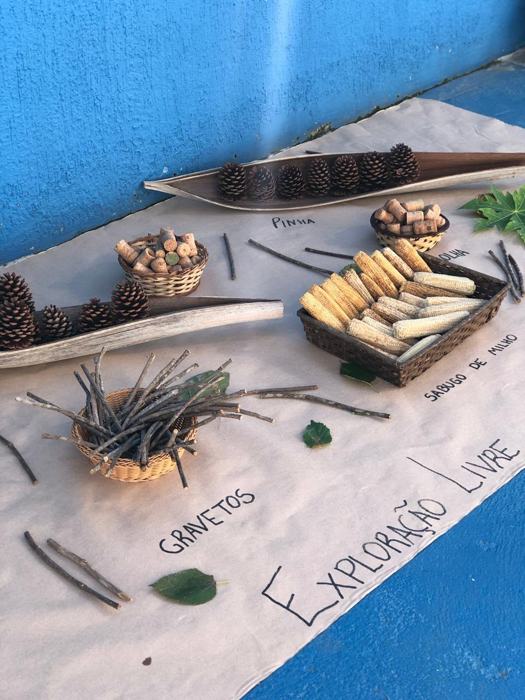 Exploração livre com pinhas, rolhas, gravetos e sabugos de milho